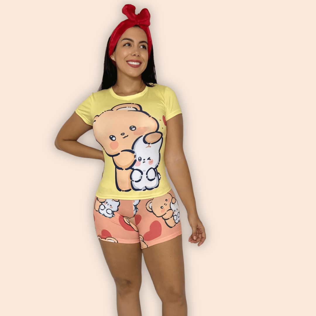 Pijama Dama Short Blusa de Mangas Osito Abrazando