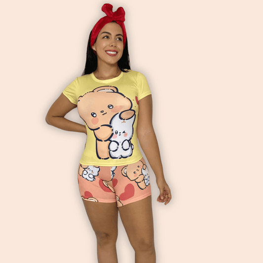 Pijama Dama Short Blusa de Mangas Osito Abrazando