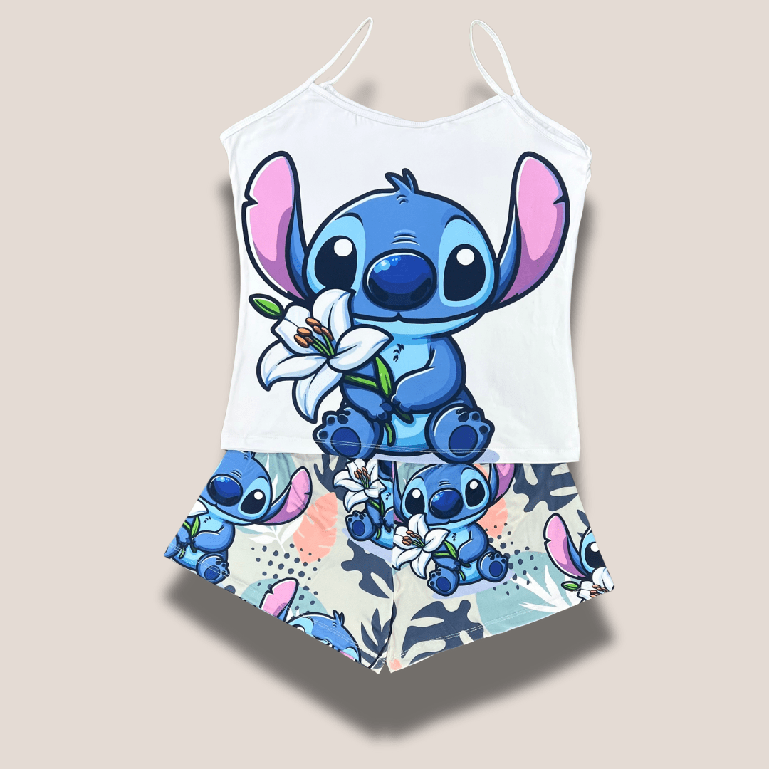 Pijama Stitch con flor – Dama talla plus | Short y blusa de tiras