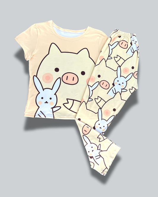 Pijama Dama Pantalón Plus Cerdito y Conejo Kawaii