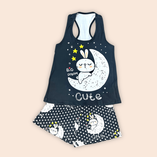 Pijama Dama Short Blusa Esqueleto Conejito Lunar