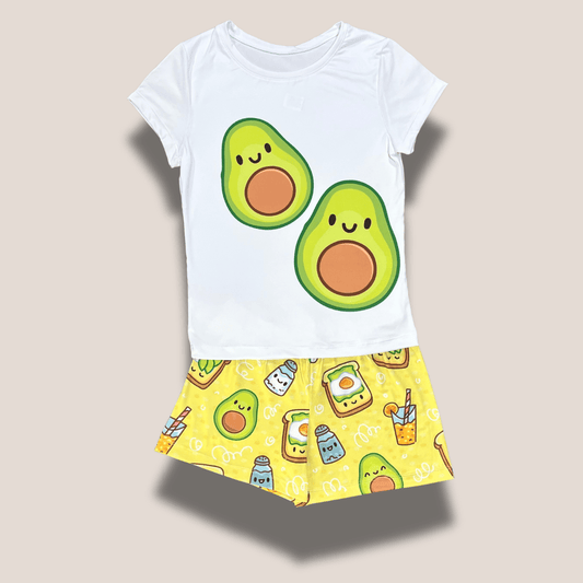 Pijama aguacates kawaii dama – Conjunto short amarillo y camiseta