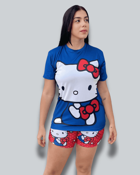 Pijama Dama Camiseta Oversize Hello Kitty Azul y Rojo