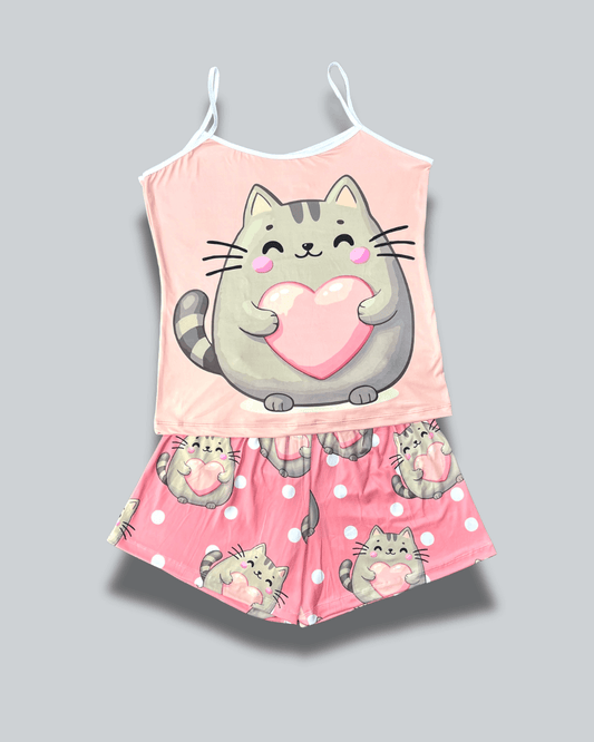 Pijama Dama Short Plus Gato Corazón