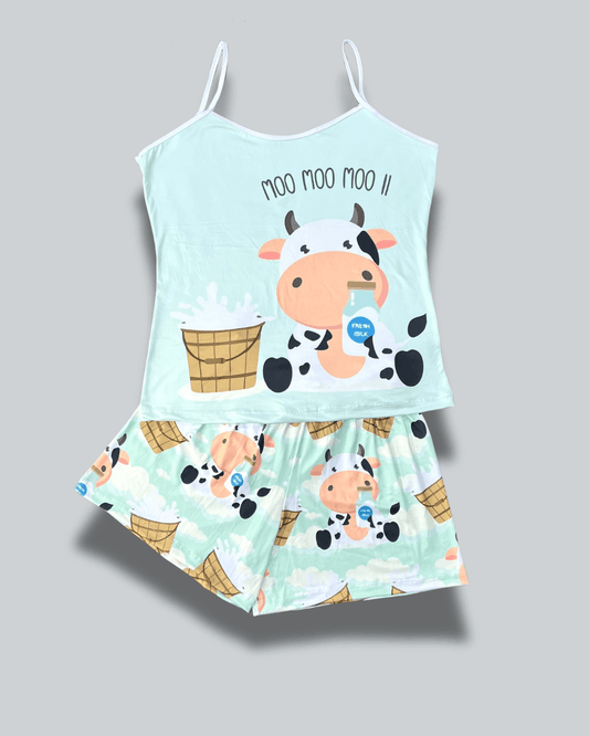 Pijama Dama Short Verde Vaca Moo