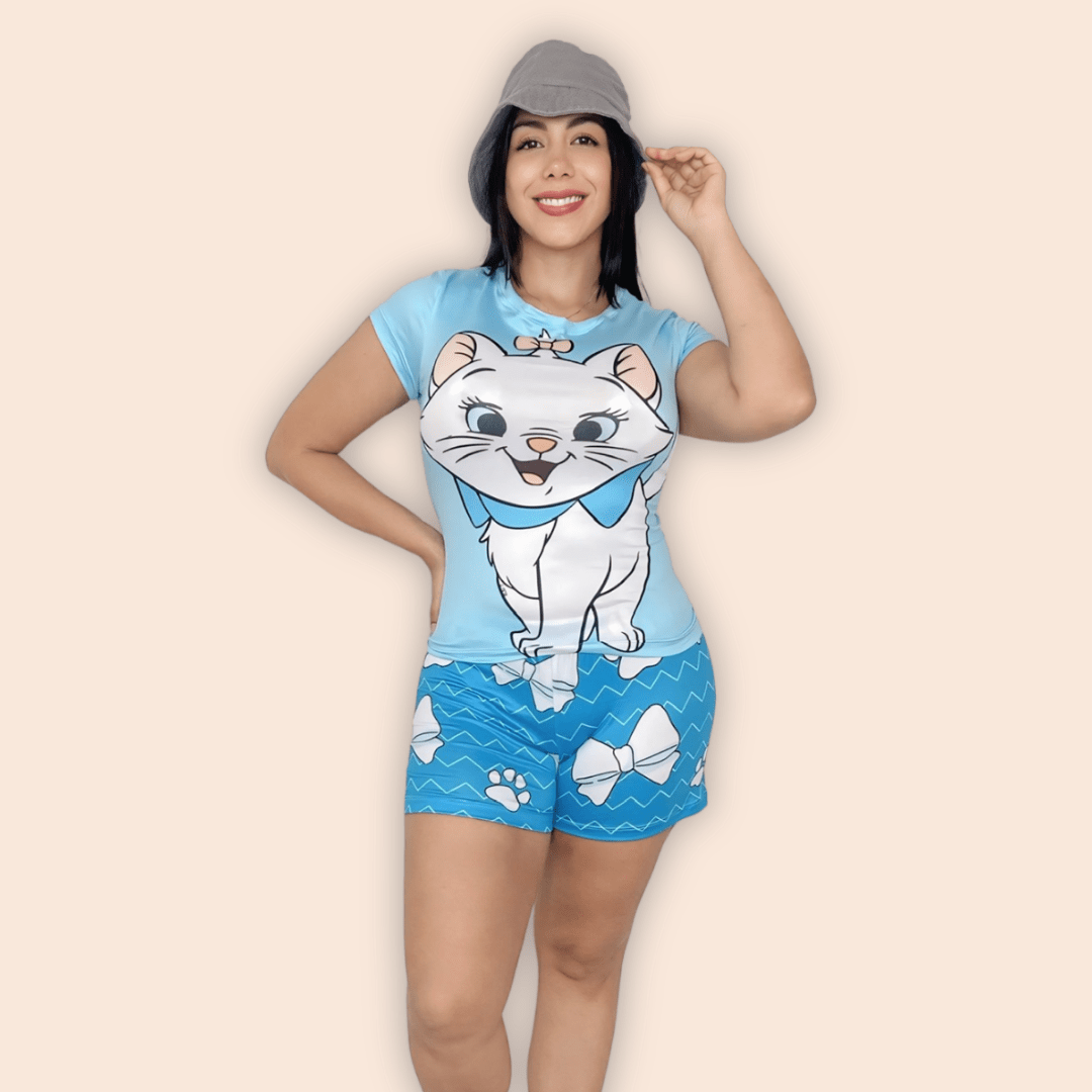 Pijama Dama Short Blusa de Mangas Gatita Azul