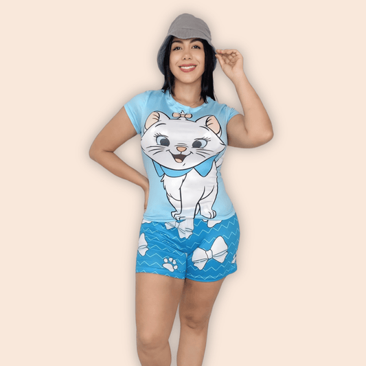 Pijama Dama Short Blusa de Mangas Gatita Azul
